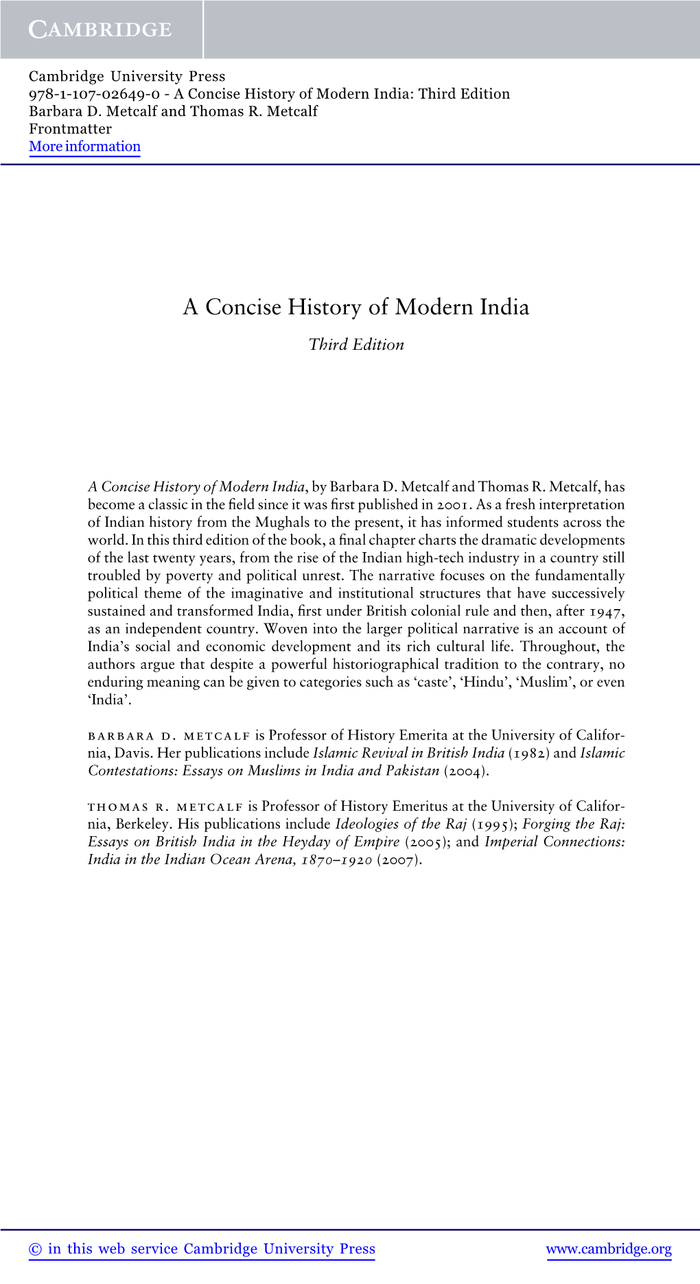 A Concise History of Modern India: Third Edition Barbara D
