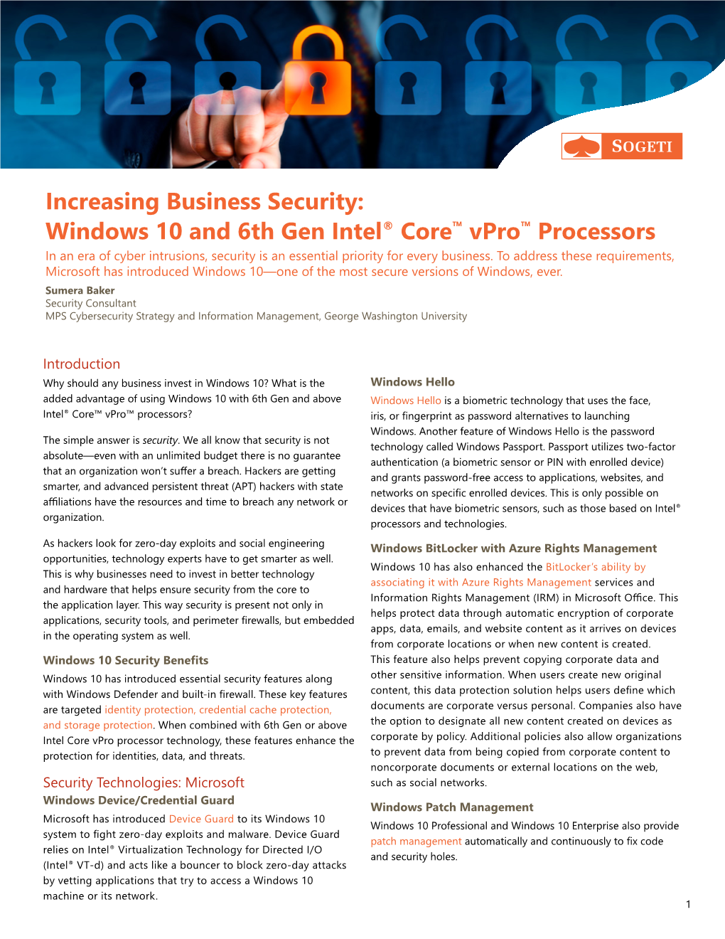 Increasing Business Security: Windows 10 and 6Th Gen Intel® Core™ Vpro™ Processors in an Era of Cyber Intrusions, Security Is an Essential Priority for Every Business