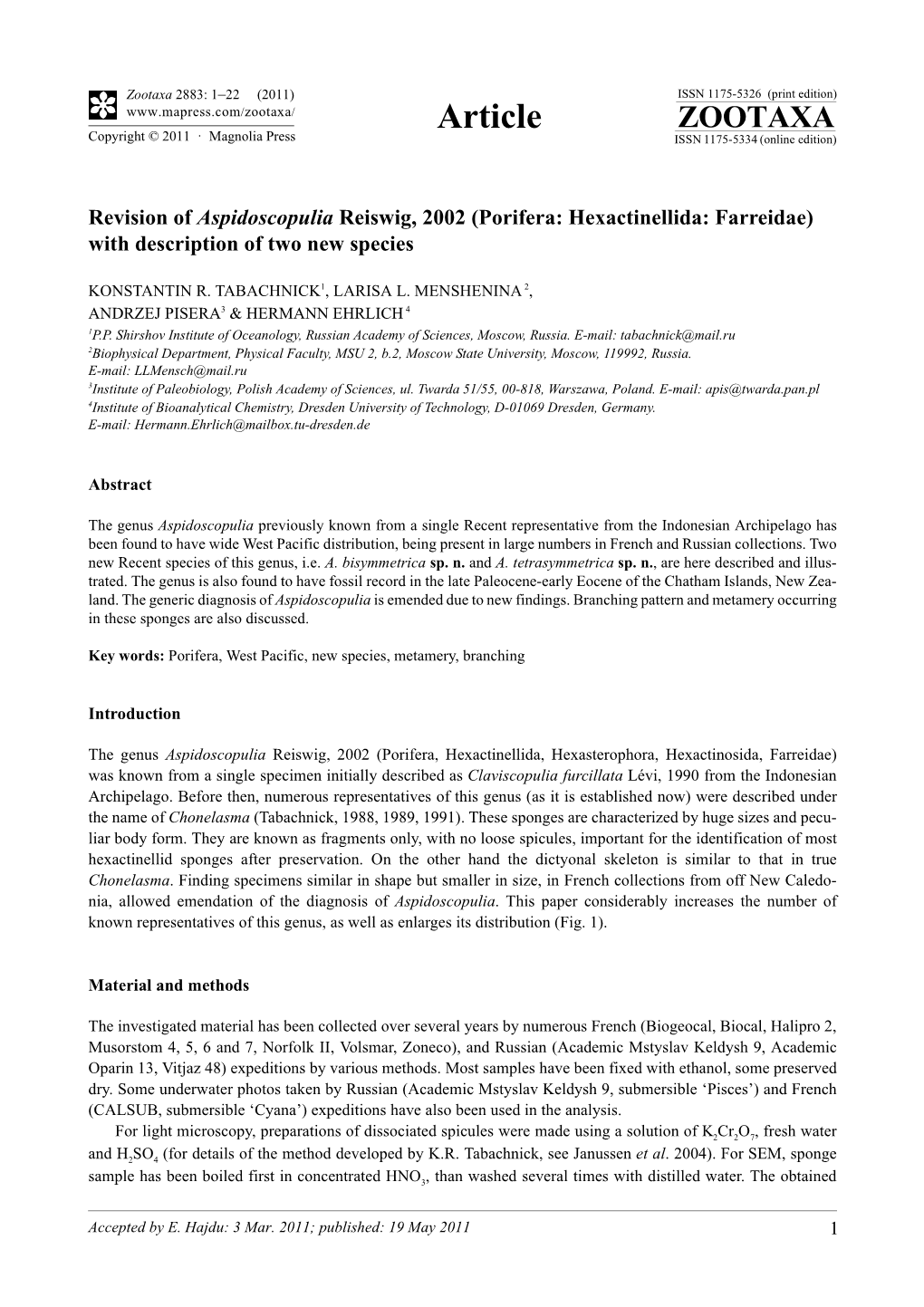 Revision of Aspidoscopulia Reiswig, 2002 (Porifera: Hexactinellida: Farreidae) with Description of Two New Species
