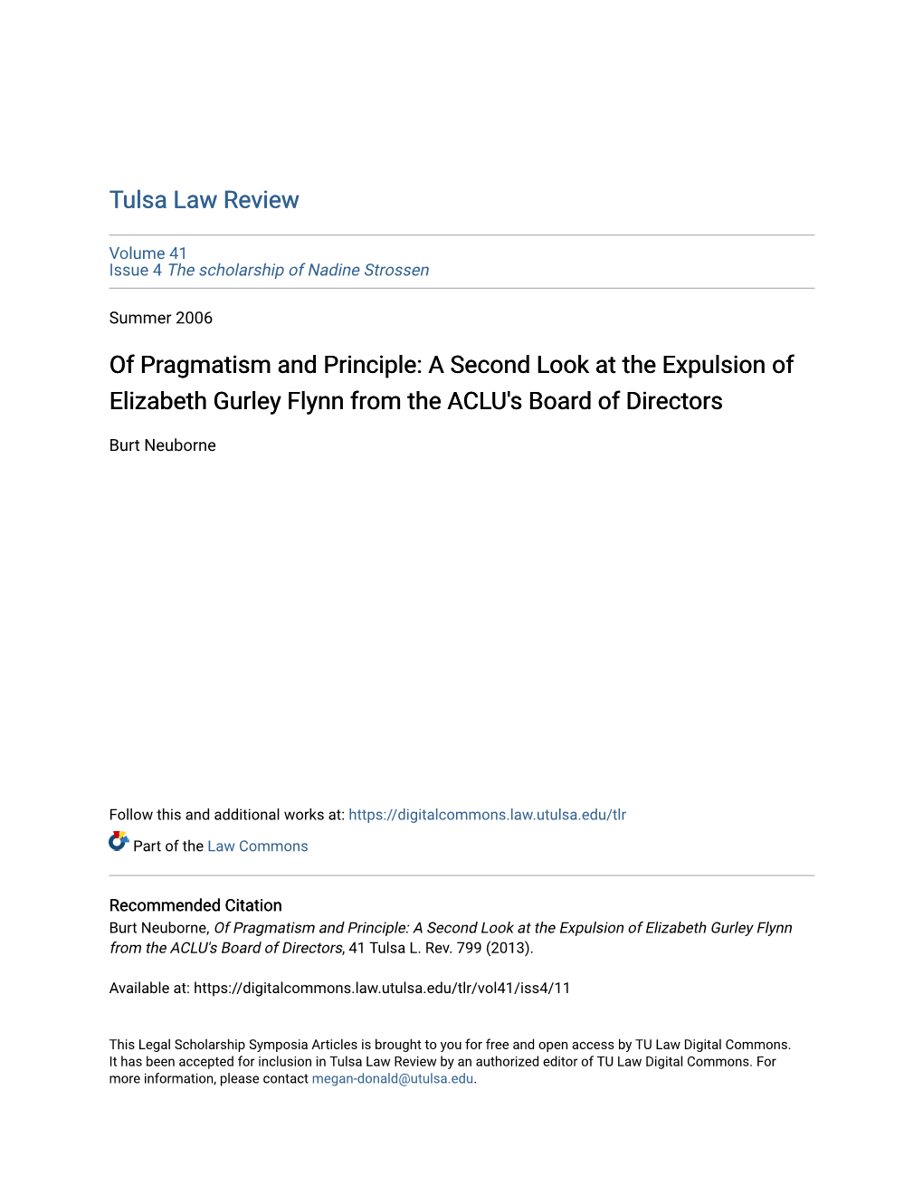 Of Pragmatism and Principle: a Second Look at the Expulsion of Elizabeth Gurley Flynn from the ACLU's Board of Directors