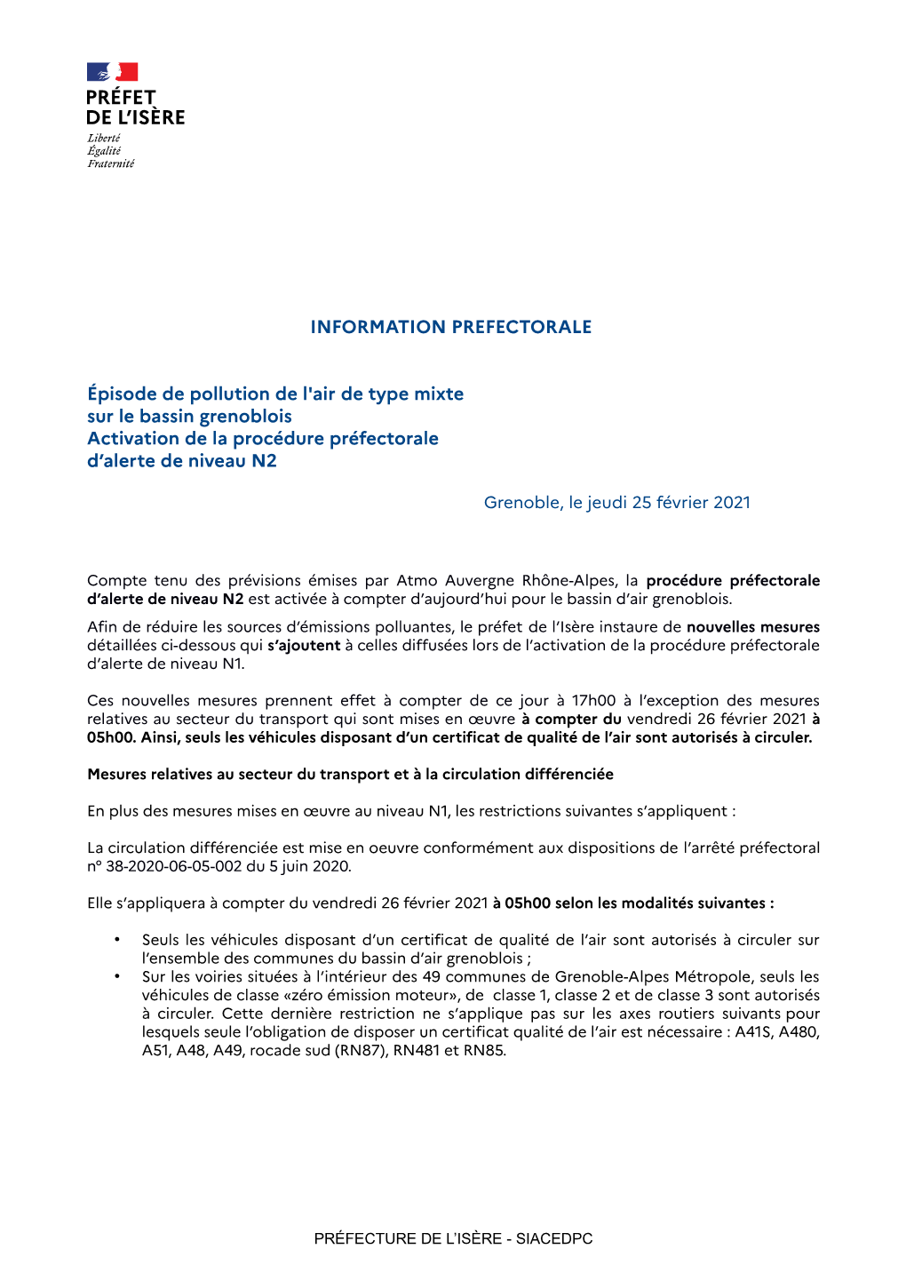 INFORMATION PREFECTORALE Épisode De Pollution De L'air De Type Mixte Sur Le Bassin Grenoblois Activation De La Procédure Préf