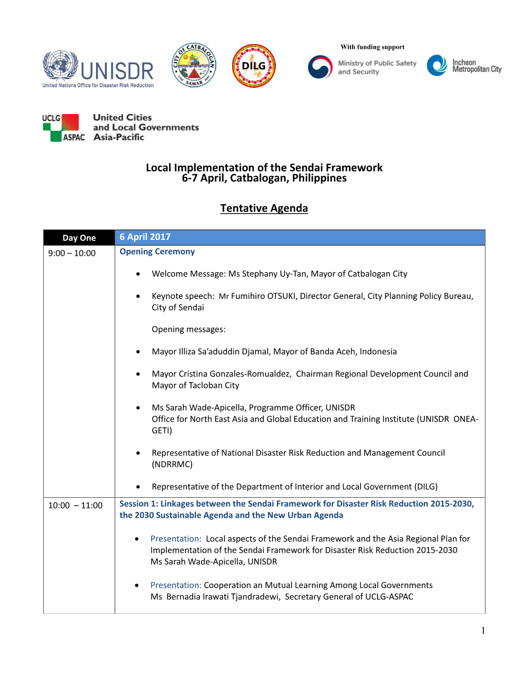 Local Implementation of the Sendai Framework 6-7 April, Catbalogan, Philippines