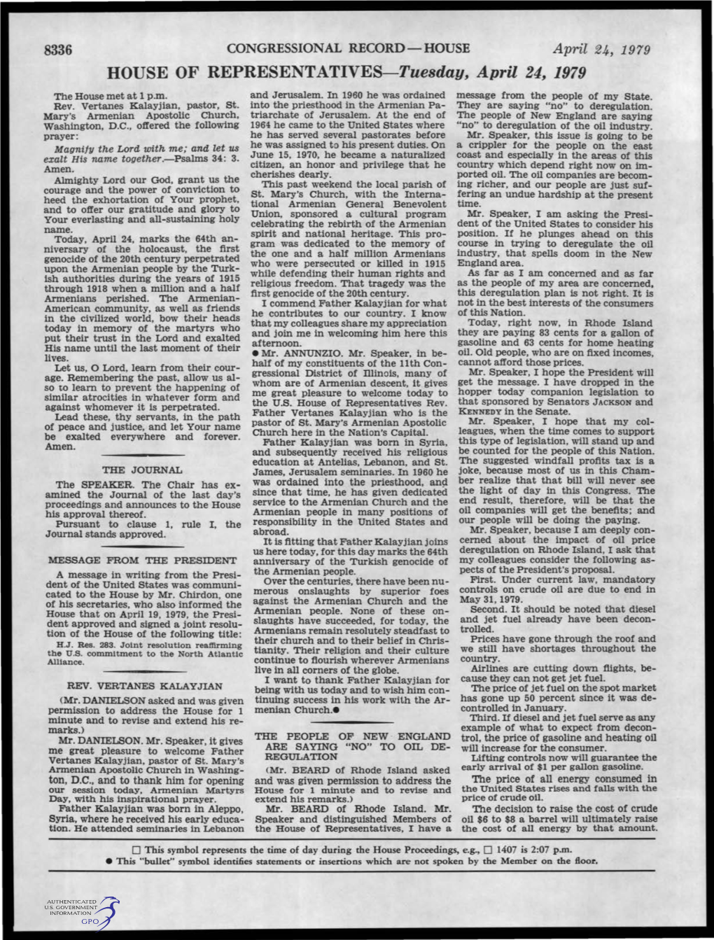 HOUSE of REPRESENTATIVES-Tuesday, April 24, 1979 the House Met at 1 P.M