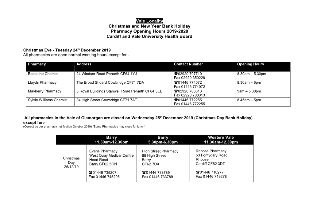 Vale Locality Christmas and New Year Bank Holiday Pharmacy Opening Hours 2019-2020 Cardiff and Vale University Health Board