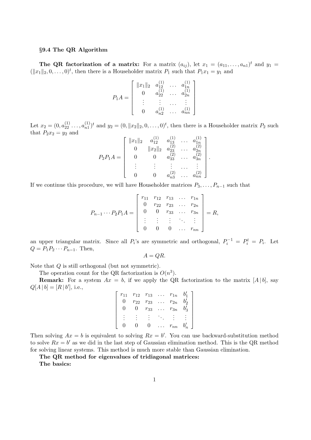 9.4 the QR Algorithm the QR Factorization of a Matrix
