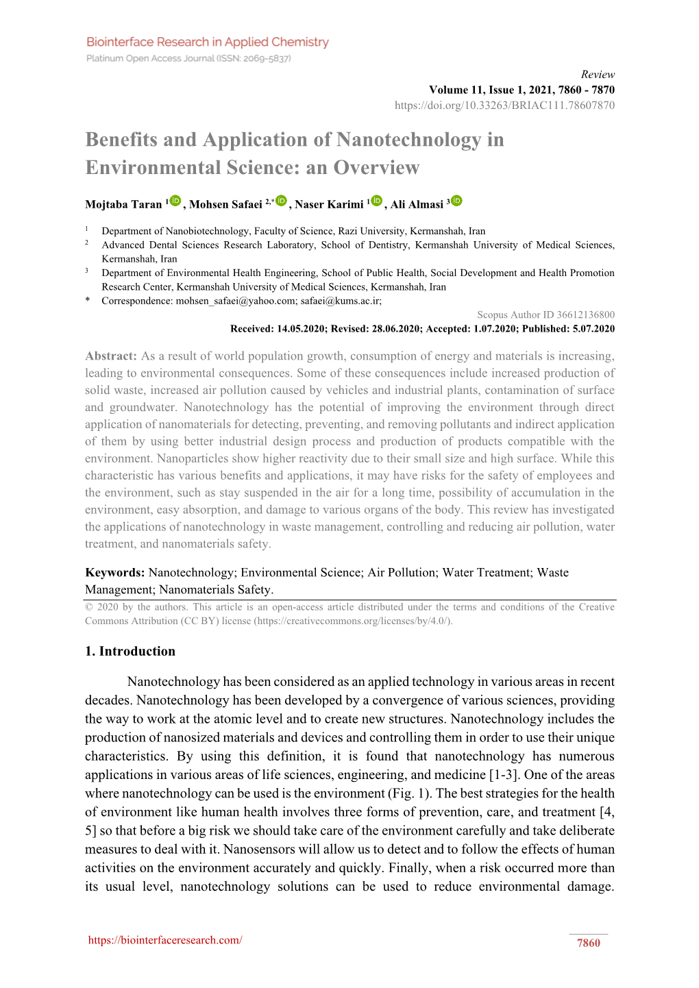 Benefits and Application of Nanotechnology in Environmental Science: an Overview