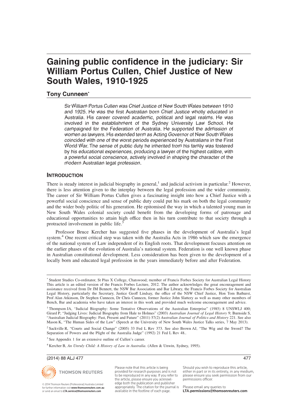 Gaining Public Confidence in the Judiciary: Sir William Portus Cullen