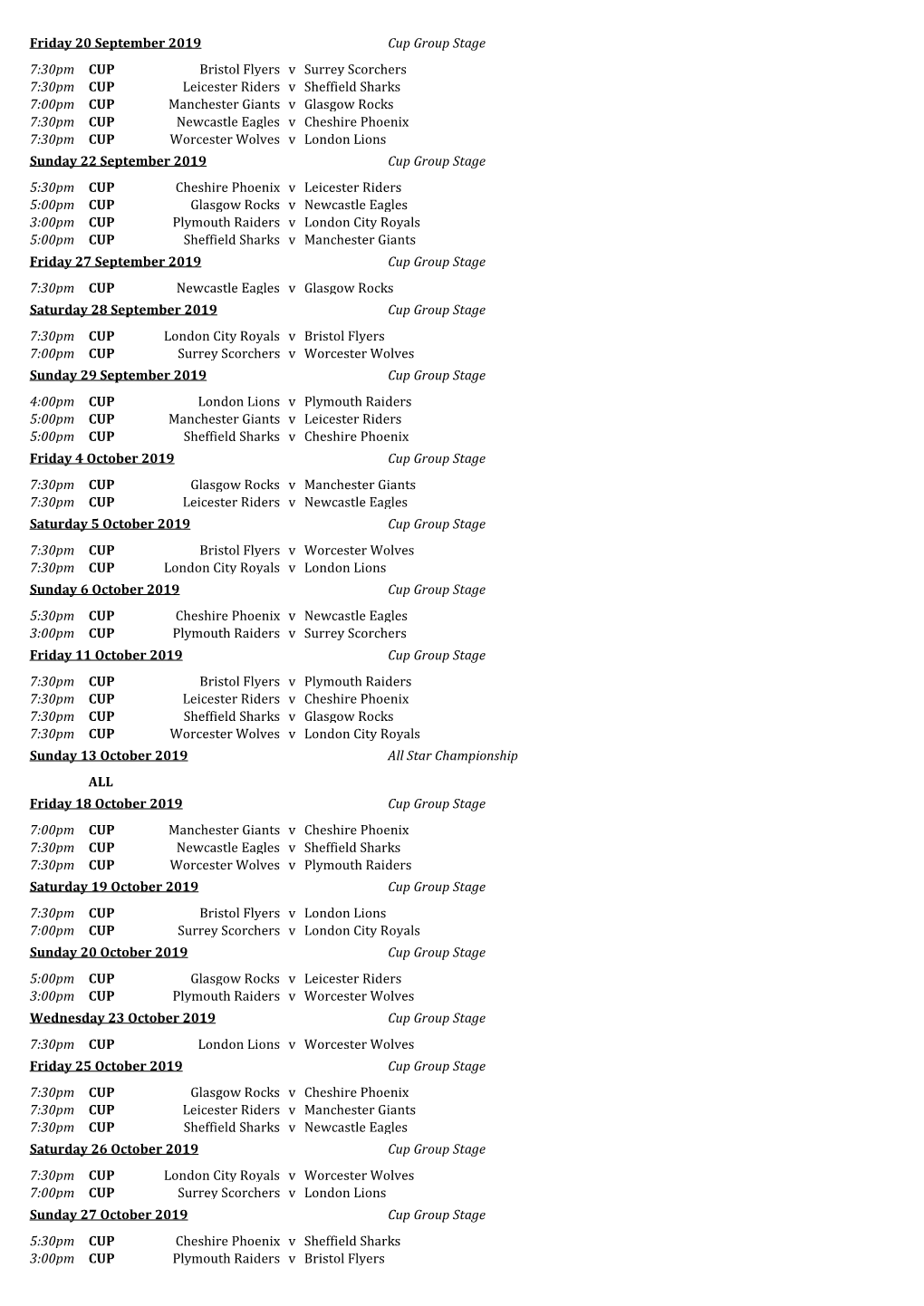 Friday 20 September 2019 Cup Group Stage Bristol Flyers Surrey Scorchers CUP 7:30Pm V Leicester Riders Sheffield Sharks CUP 7:30