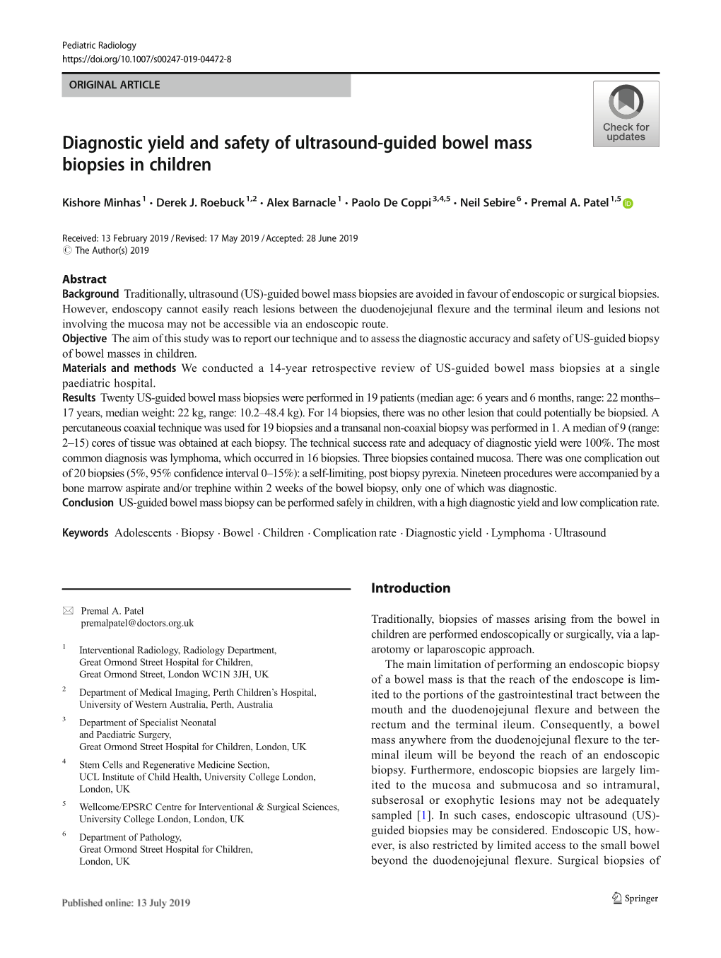 Diagnostic Yield and Safety of Ultrasound-Guided Bowel Mass Biopsies in Children