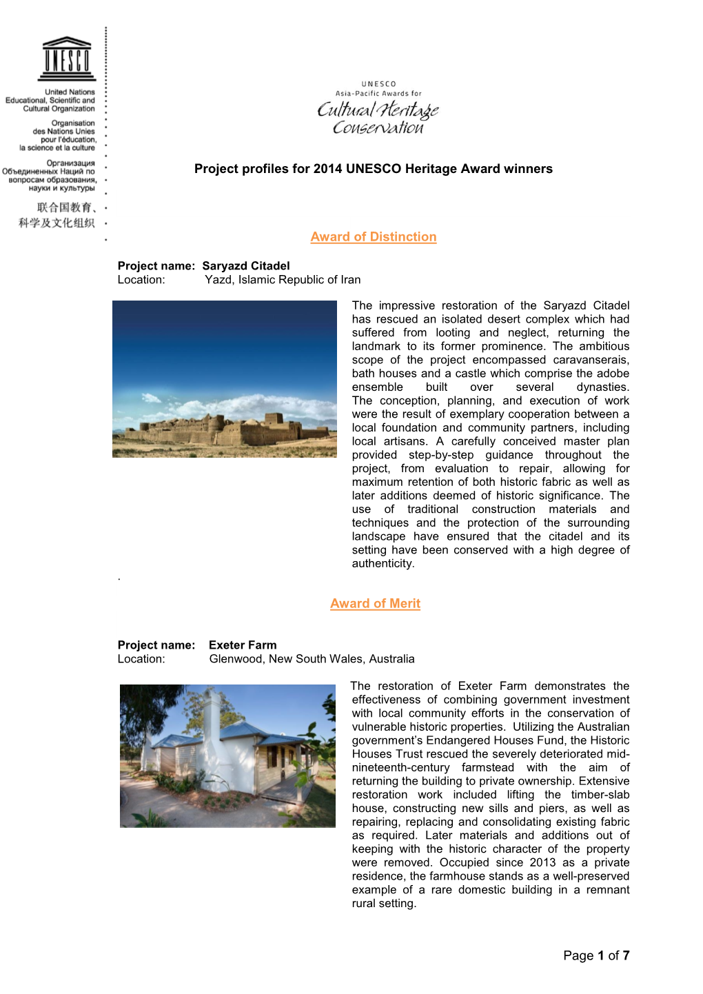 Of 7 Project Profiles for 2014 UNESCO Heritage