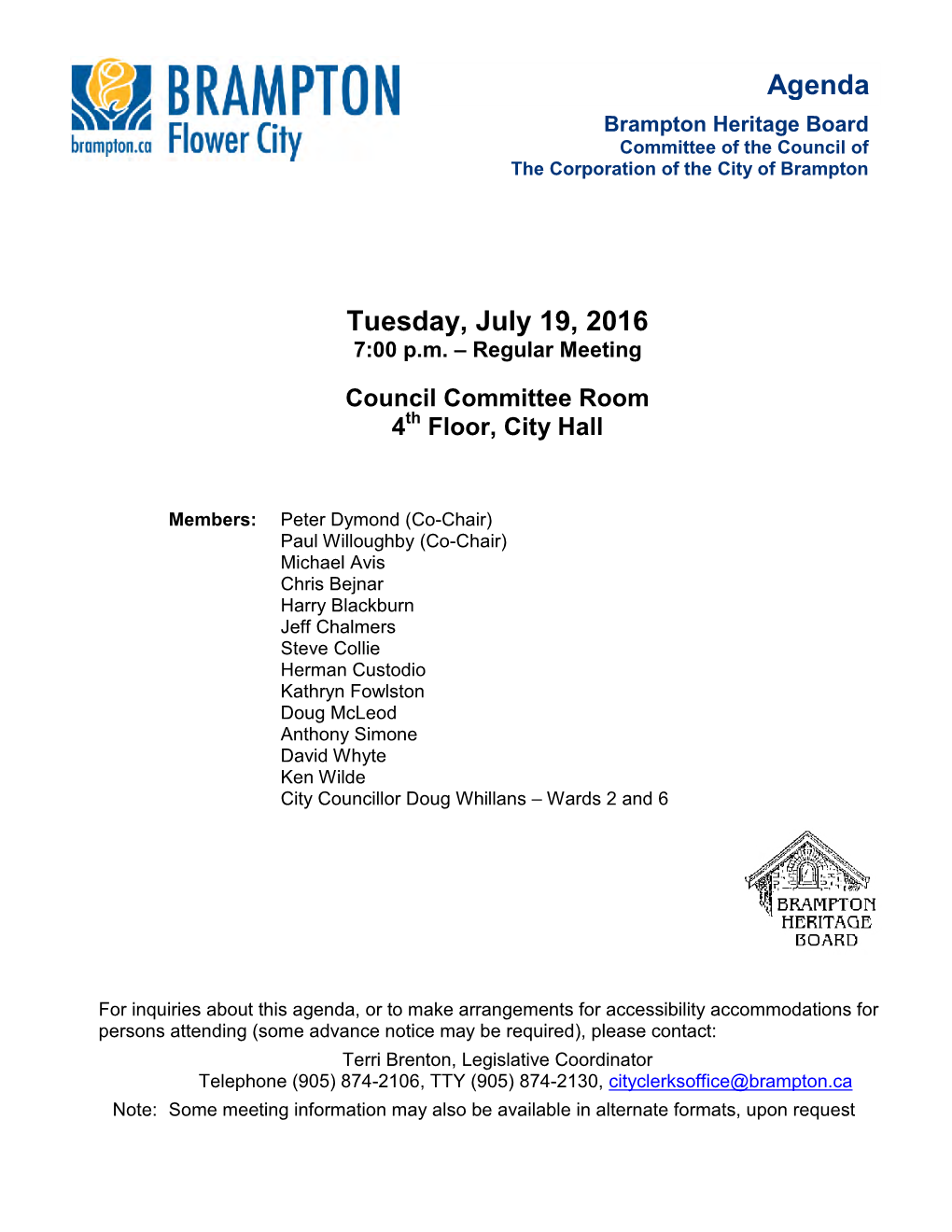 Brampton Heritage Board Agenda for July 19, 2016