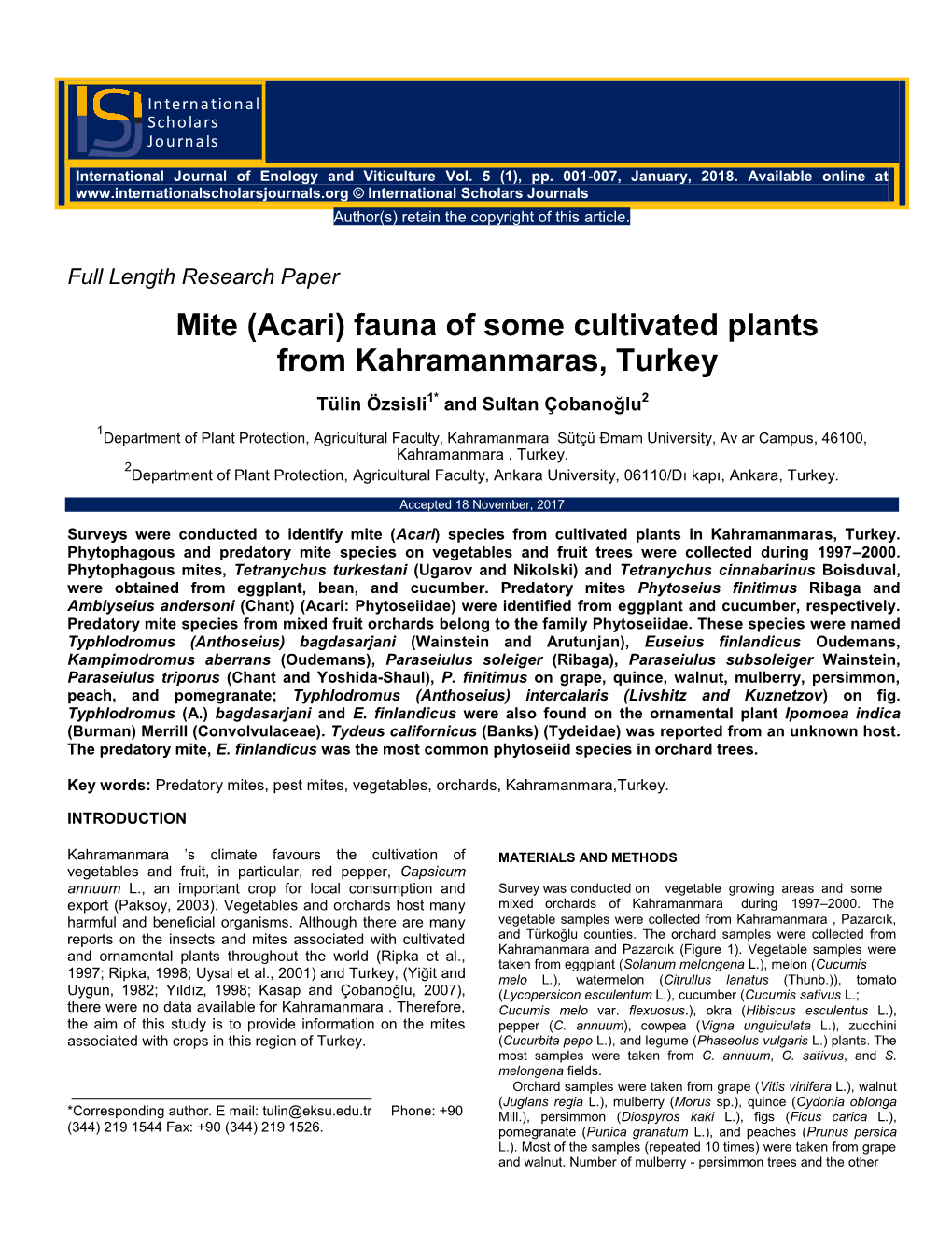 Mite (Acari) Fauna of Some Cultivated Plants from Kahramanmaras, Turkey