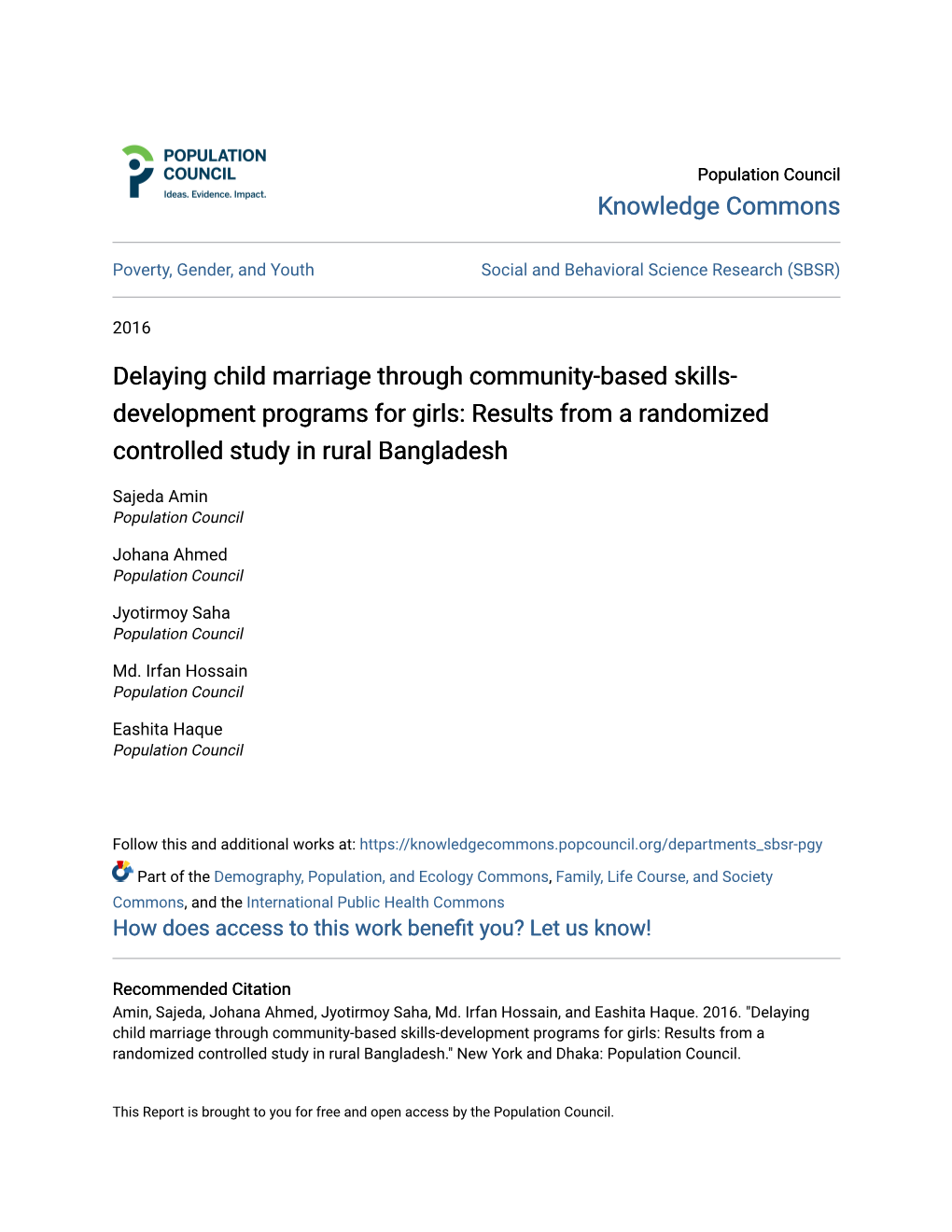 Delaying Child Marriage Through Community-Based Skills- Development Programs for Girls: Results from a Randomized Controlled Study in Rural Bangladesh