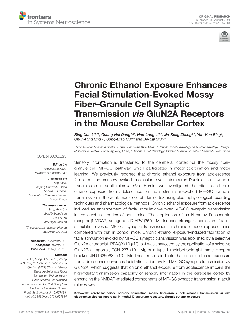 Chronic Ethanol Exposure Enhances Facial Stimulation-Evoked Mossy Fiber–Granule Cell Synaptic Transmission Via Glun2a Receptors in the Mouse Cerebellar Cortex