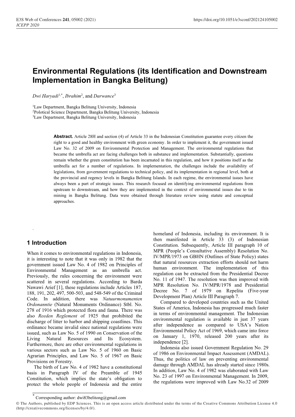 Environmental Regulations (Its Identification and Downstream Implementation in Bangka Belitung)