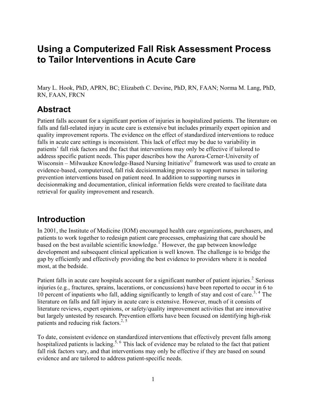 Using a Computerized Fall Risk Assessment Process to Tailor Interventions in Acute Care