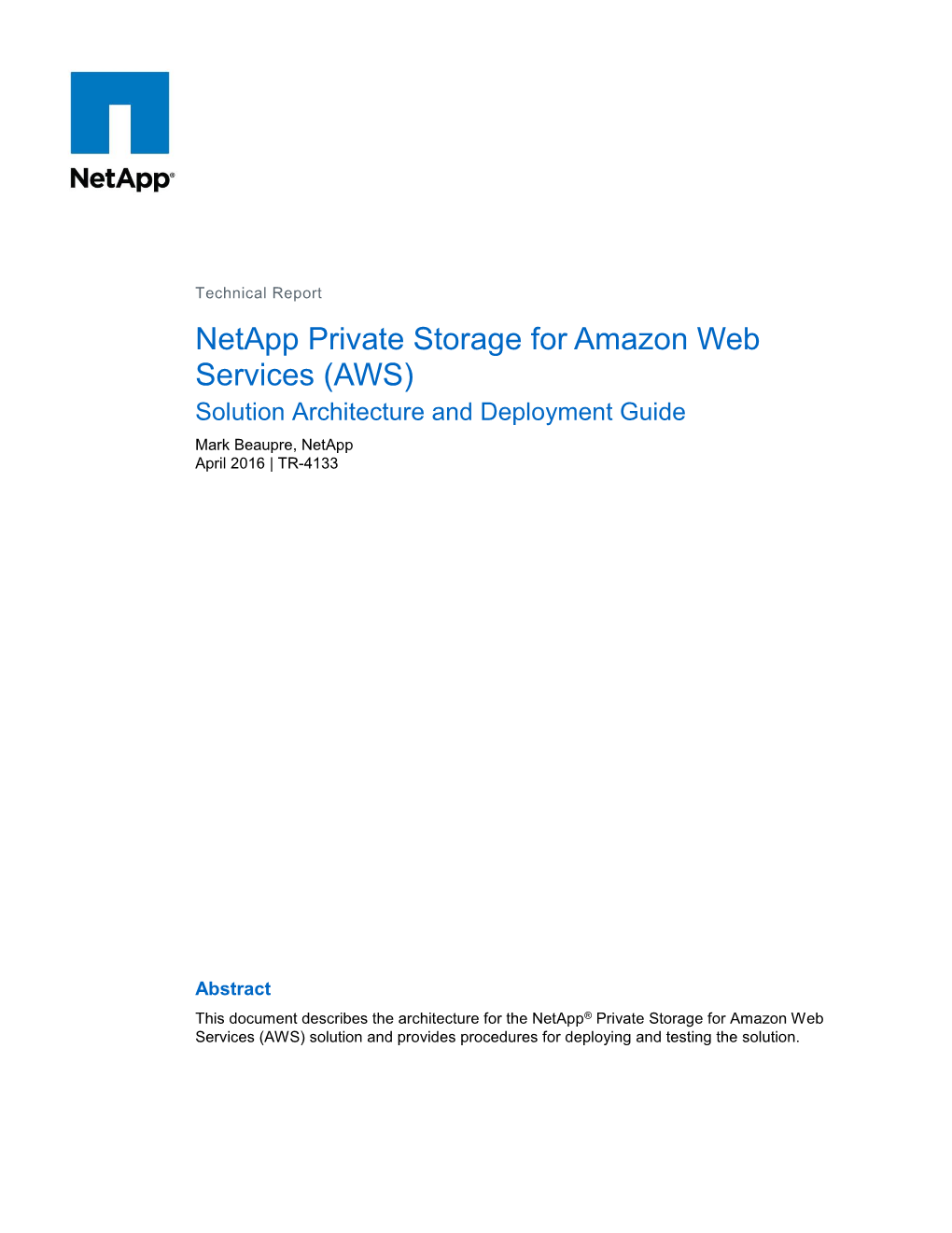 TR-4133: Netapp Private Storage for AWS Solution Architecture And