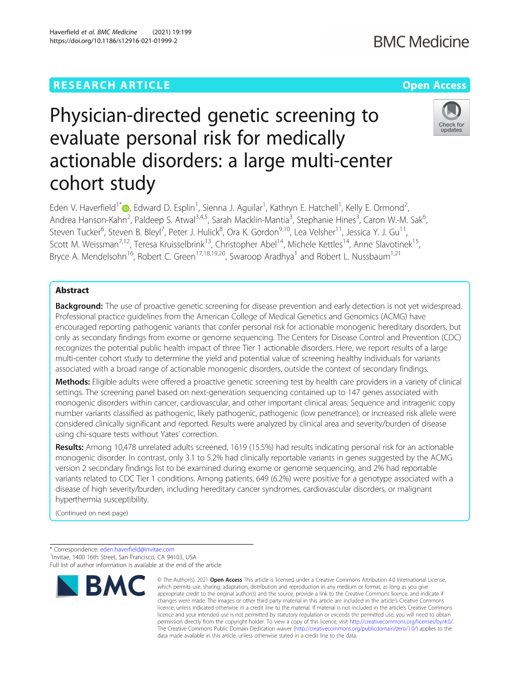 Physician-Directed Genetic Screening to Evaluate Personal Risk for Medically Actionable Disorders: a Large Multi-Center Cohort Study Eden V