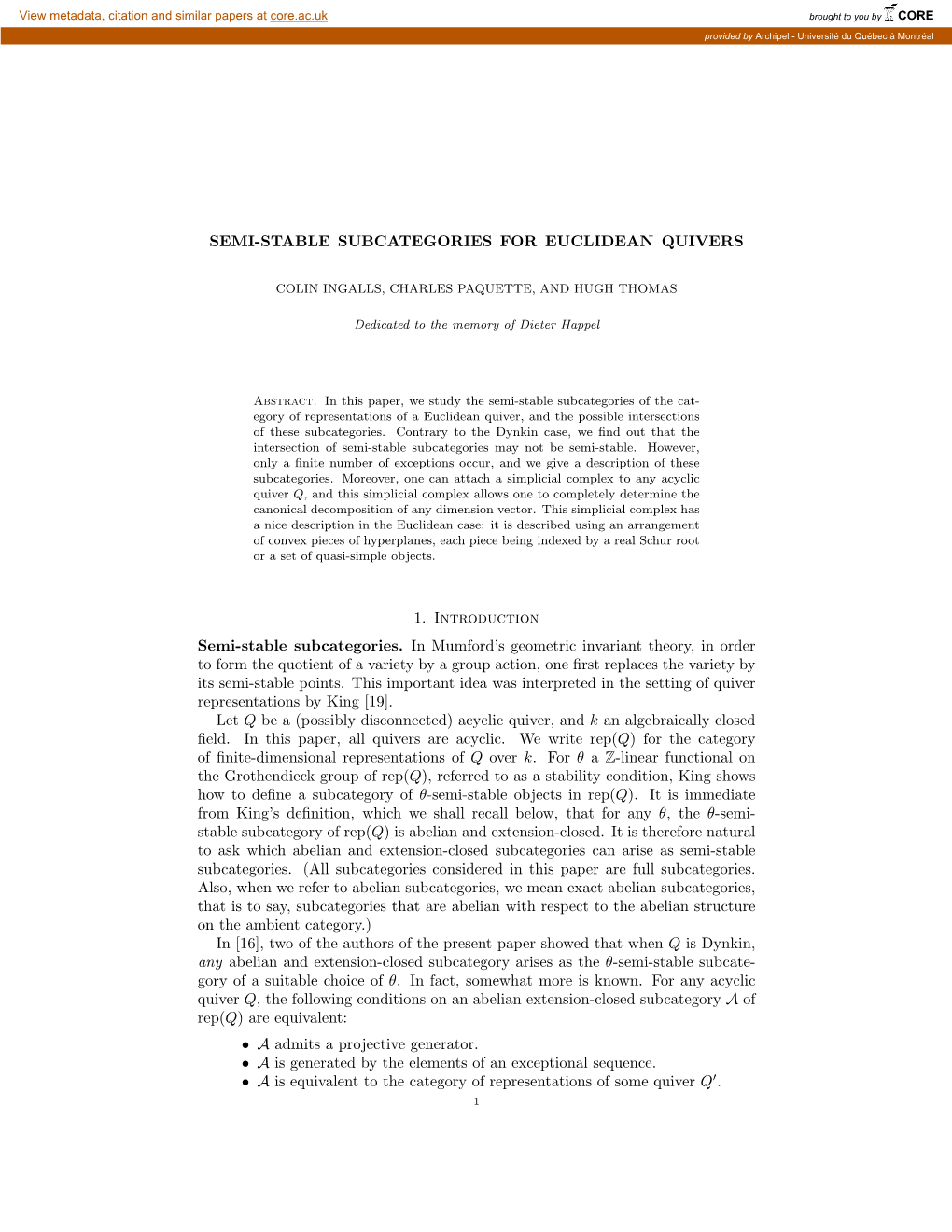 SEMI-STABLE SUBCATEGORIES for EUCLIDEAN QUIVERS 1. Introduction Semi-Stable Subcategories. in Mumford's Geometric Invariant Th