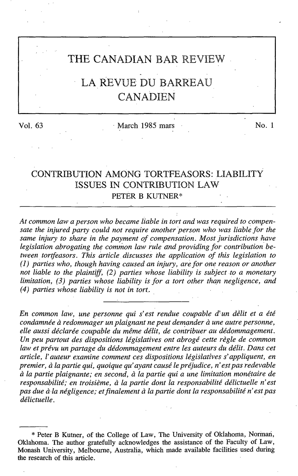 Liability Issues in Contribution Law Peter B Kutner*