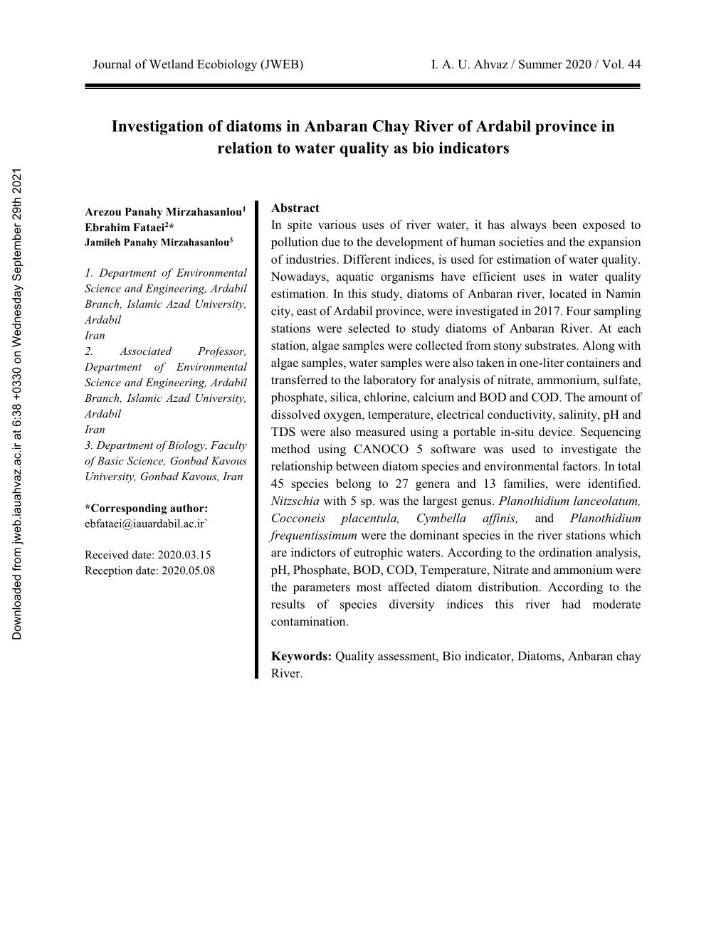 Investigation of Diatoms in Anbaran Chay River of Ardabil Province in Relation to Water Quality As Bio Indicators