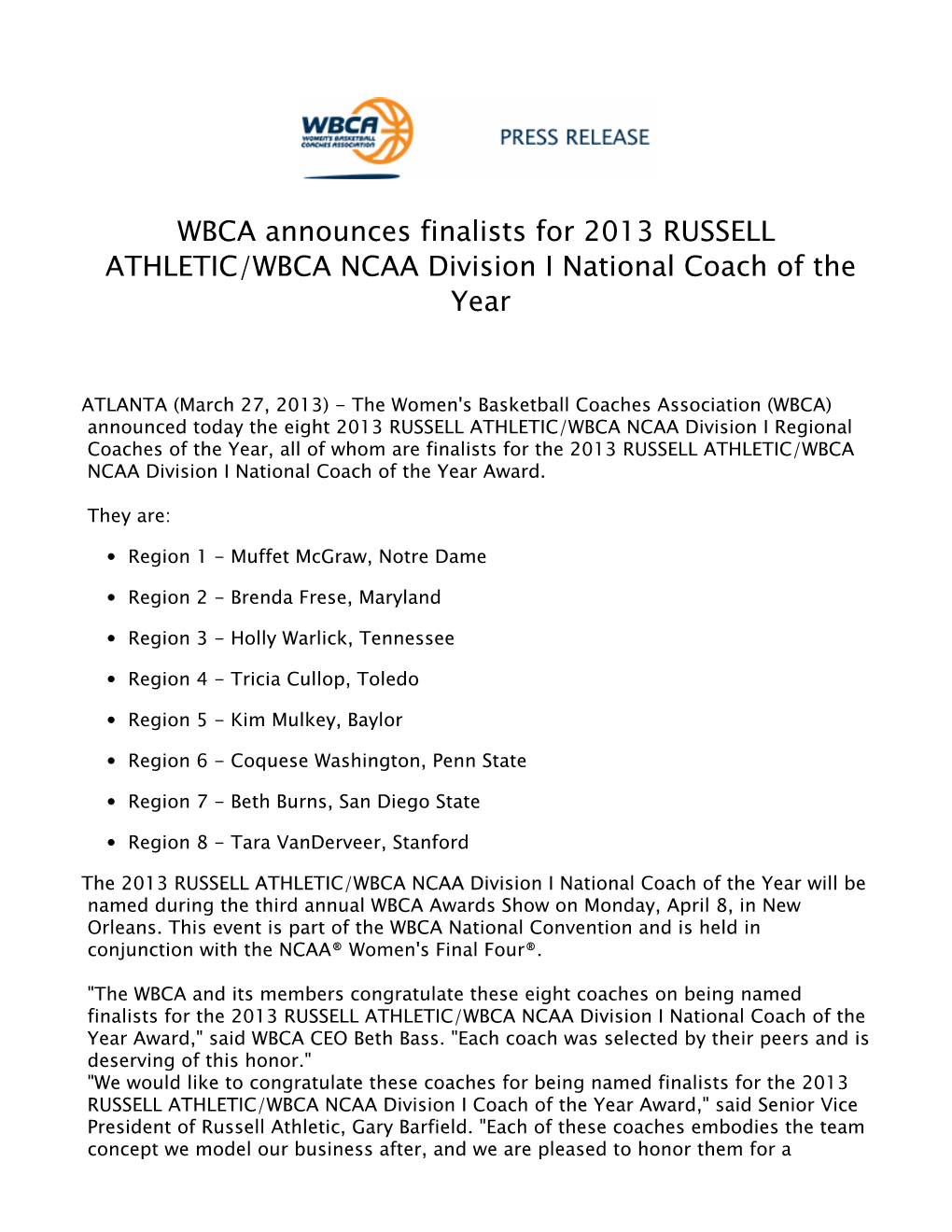 WBCA Announces Finalists for 2013 RUSSELL ATHLETIC/WBCA NCAA Division I National Coach of the Year