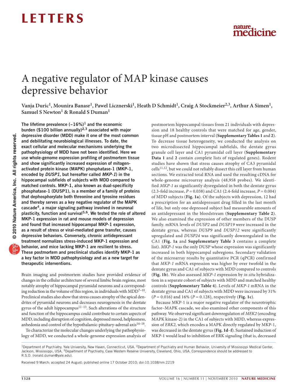 A Negative Regulator of MAP Kinase Causes Depressive Behavior