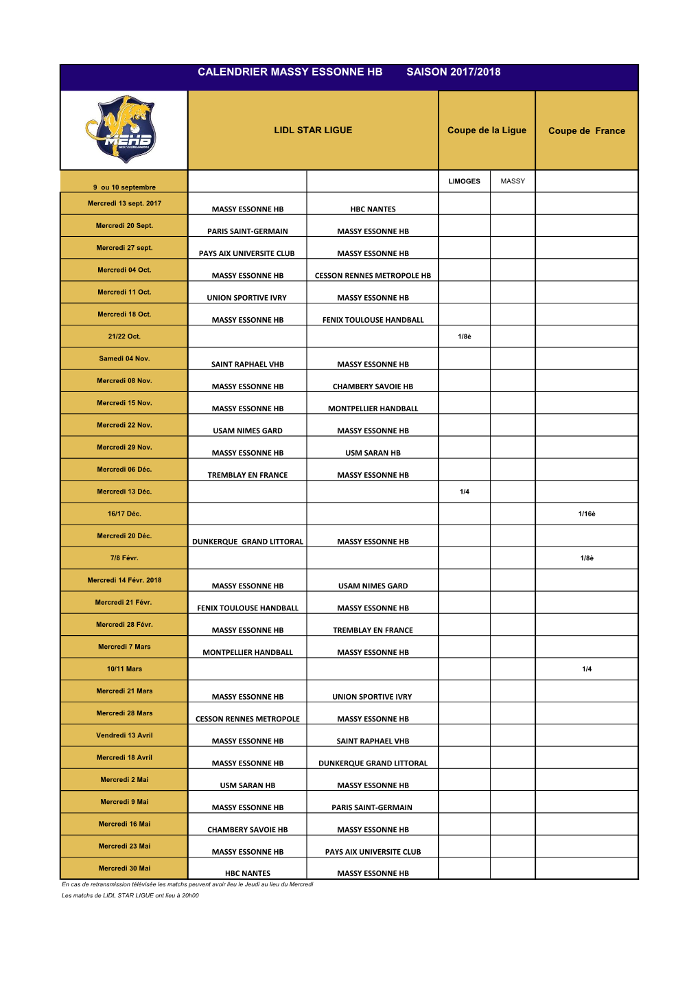 Calendrier Massy Essonne Hb Saison 2017/2018