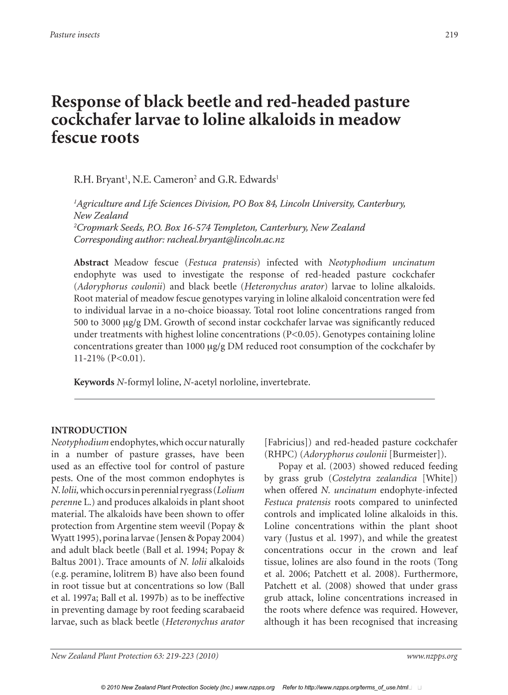 Response of Black Beetle and Red-Headed Pasture Cockchafer Larvae to Loline Alkaloids in Meadow Fescue Roots