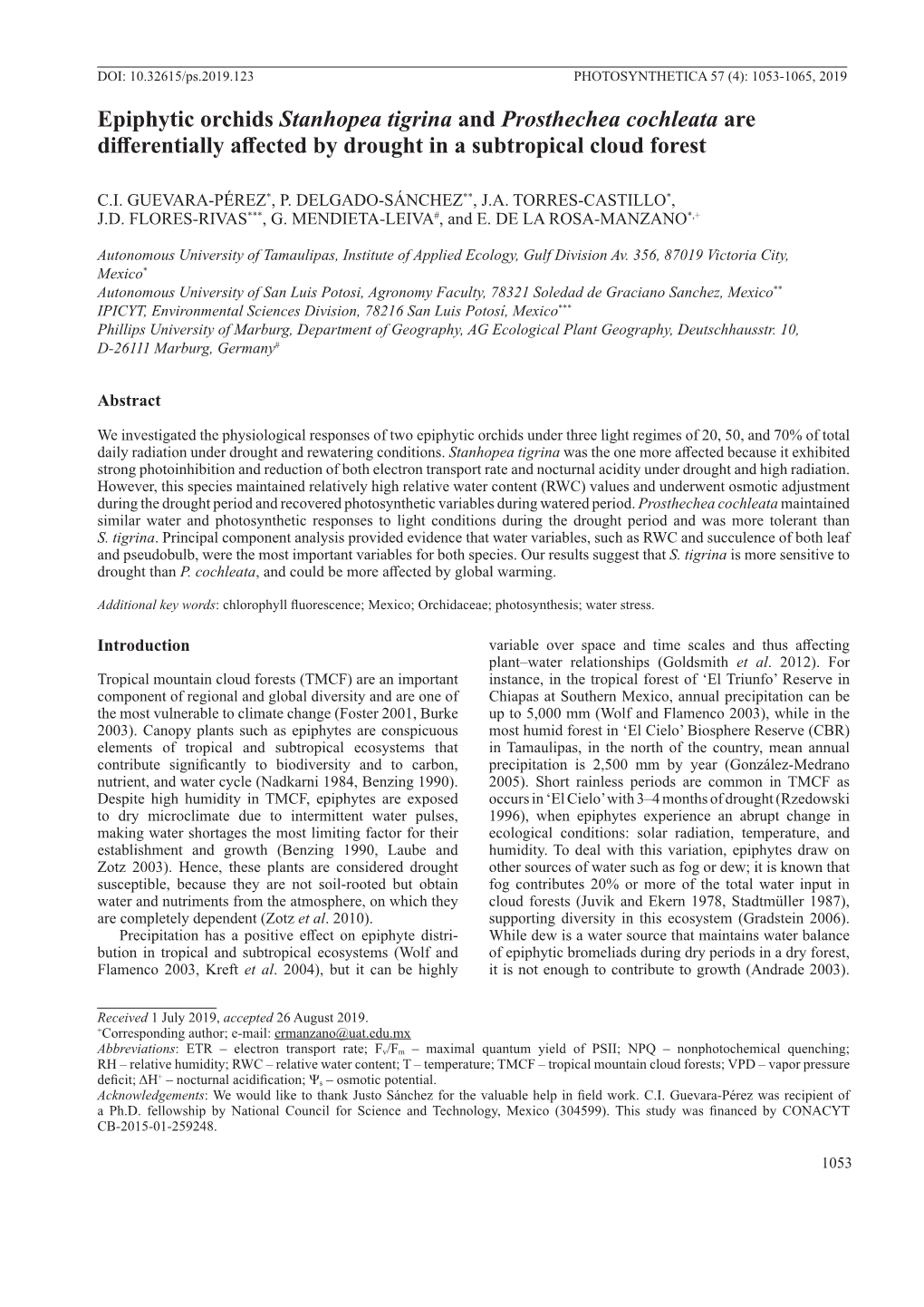 Epiphytic Orchids Stanhopea Tigrina and Prosthechea Cochleata Are Differentially Affected by Drought in a Subtropical Cloud Forest