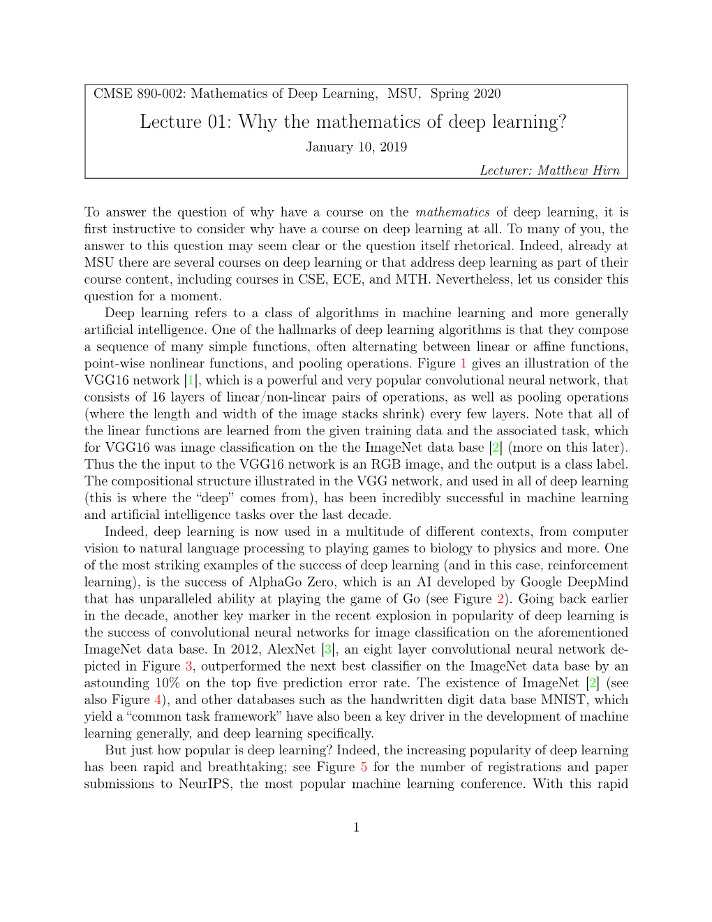 Lecture 01: Why the Mathematics of Deep Learning? January 10, 2019 Lecturer: Matthew Hirn