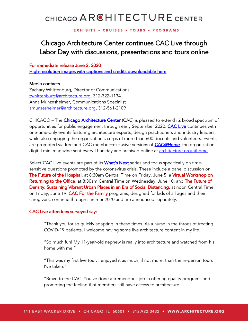 Chicago Architecture Center Continues CAC Live Through Labor Day with Discussions, Presentations and Tours Online
