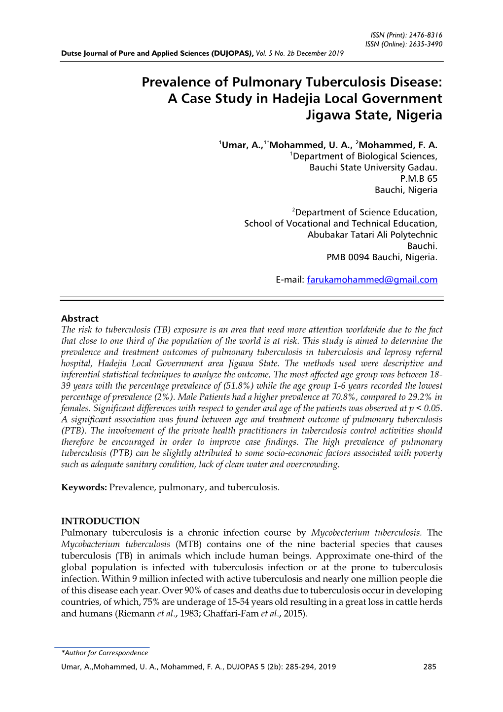 A Case Study in Hadejia Local Government Jigawa State, Nigeria