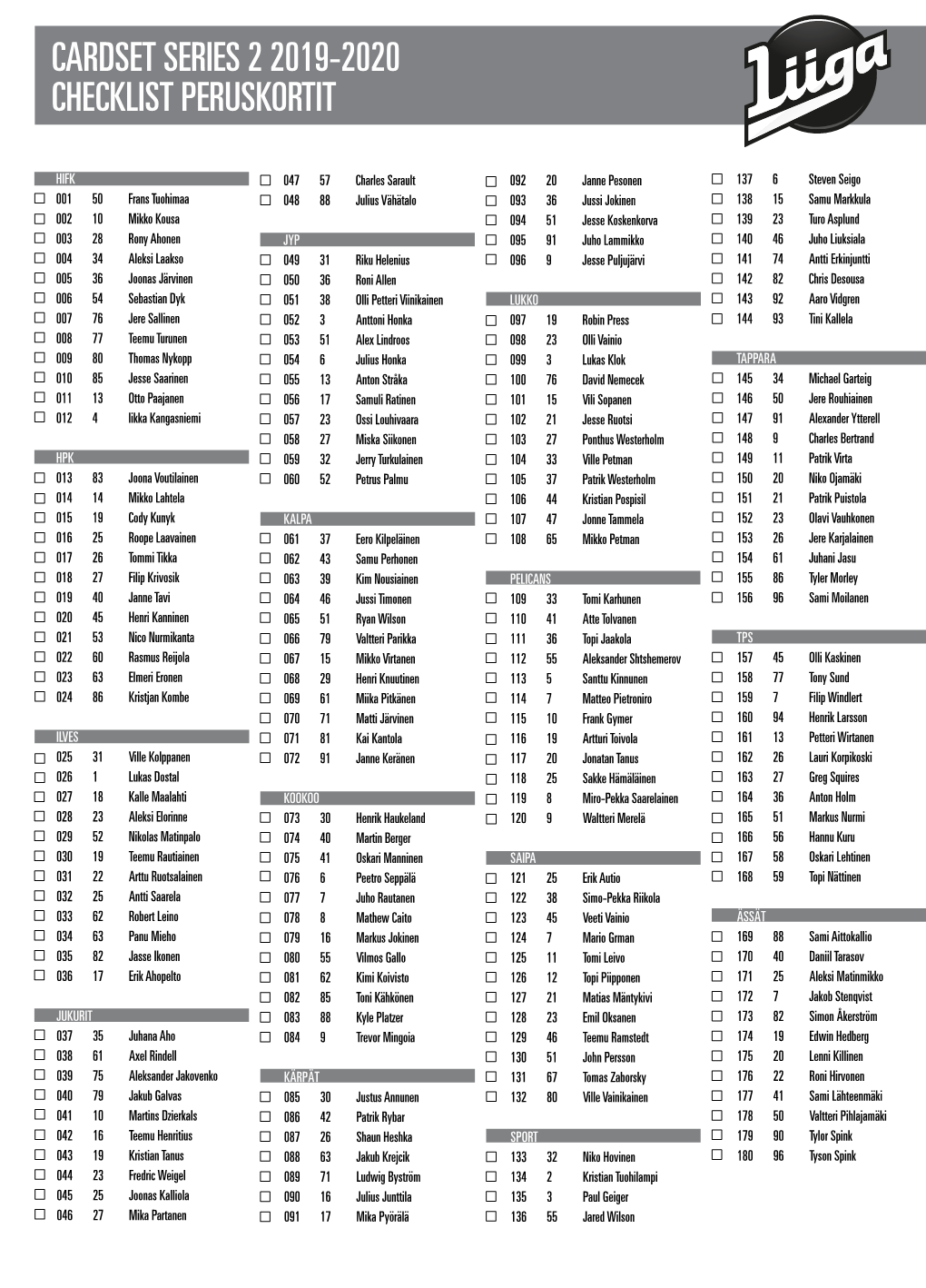 Cardset Series 2 2019-2020 Checklist Peruskortit