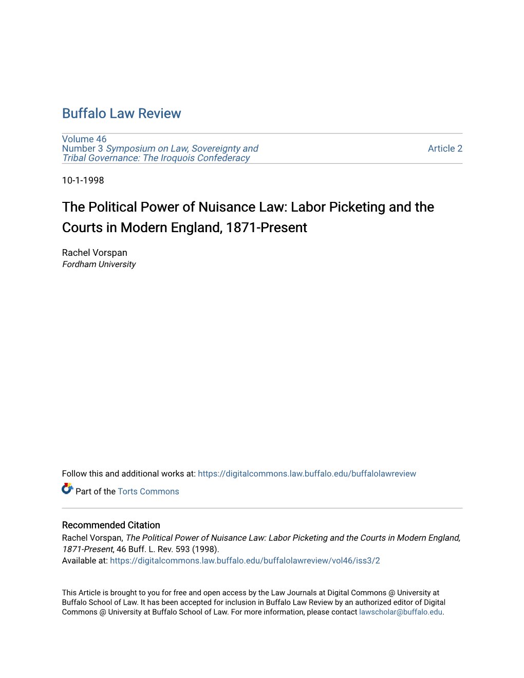 The Political Power of Nuisance Law: Labor Picketing and the Courts in Modern England, 1871-Present