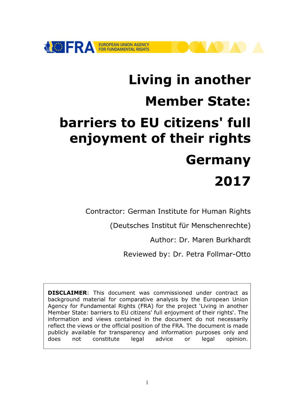 Living in Another Member State: Barriers to EU Citizens' Full Enjoyment of Their Rights – Germany 2017