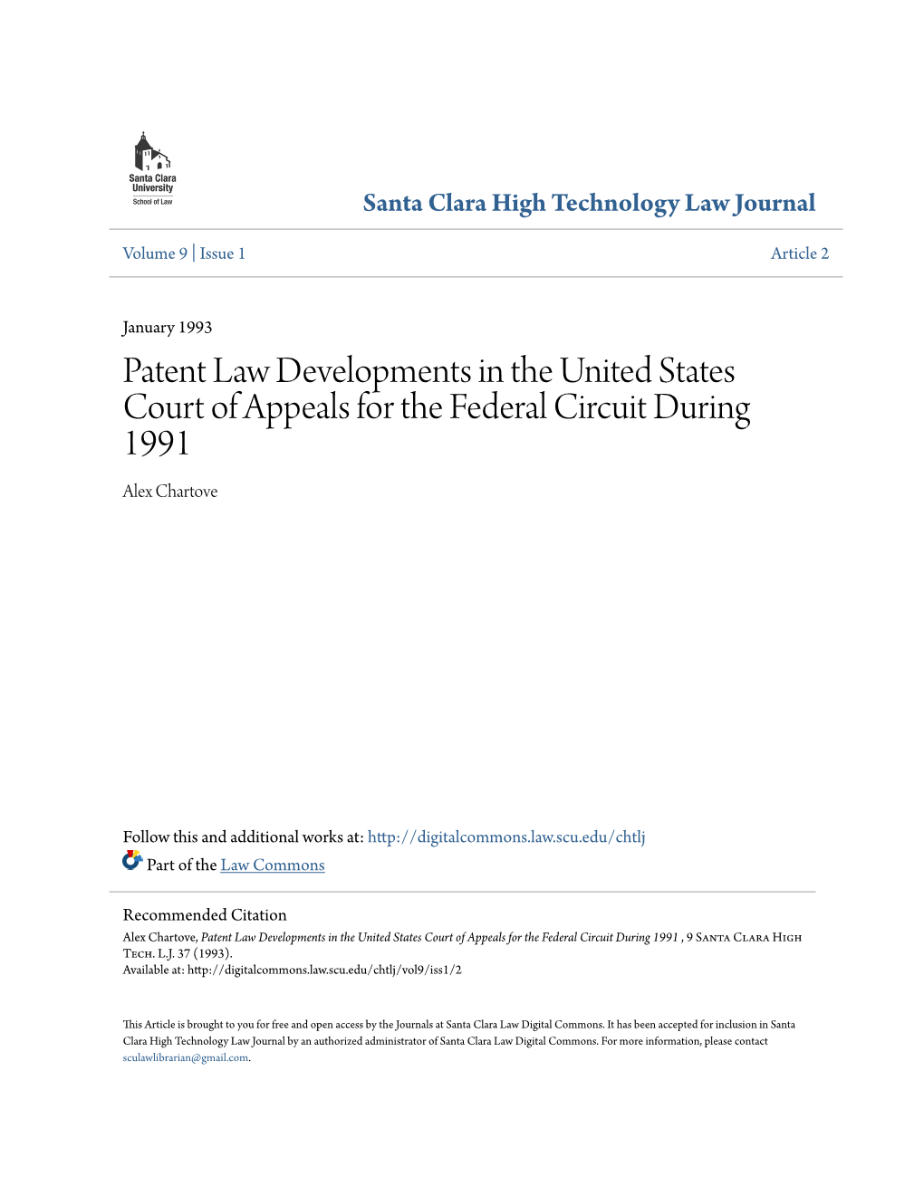 Patent Law Developments in the United States Court of Appeals for the Federal Circuit During 1991 Alex Chartove