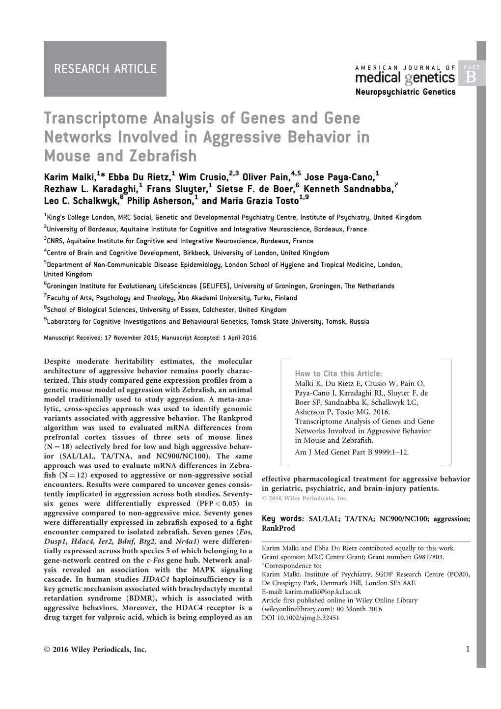 Transcriptome Analysis of Genes and Gene Networks Involved In