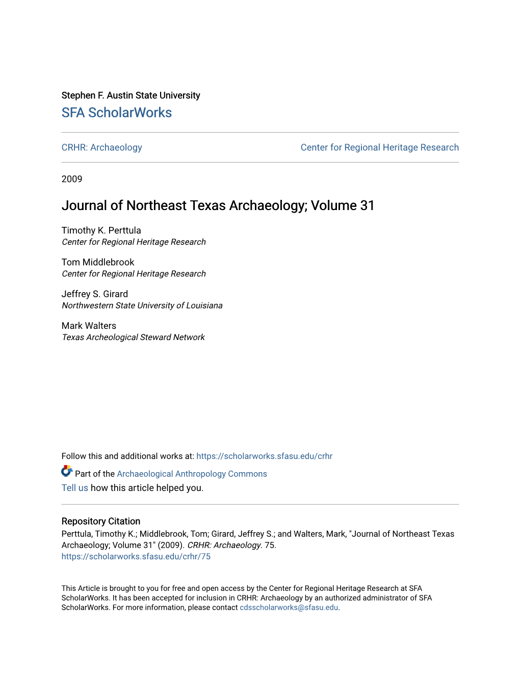 Journal of Northeast Texas Archaeology; Volume 31