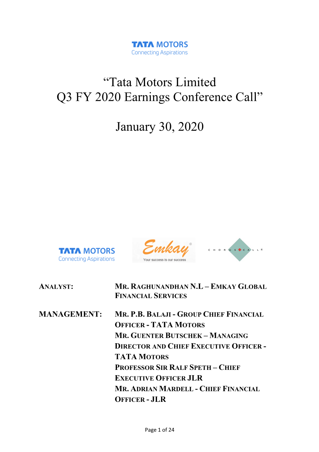 “Tata Motors Limited Q3 FY 2020 Earnings Conference Call” January