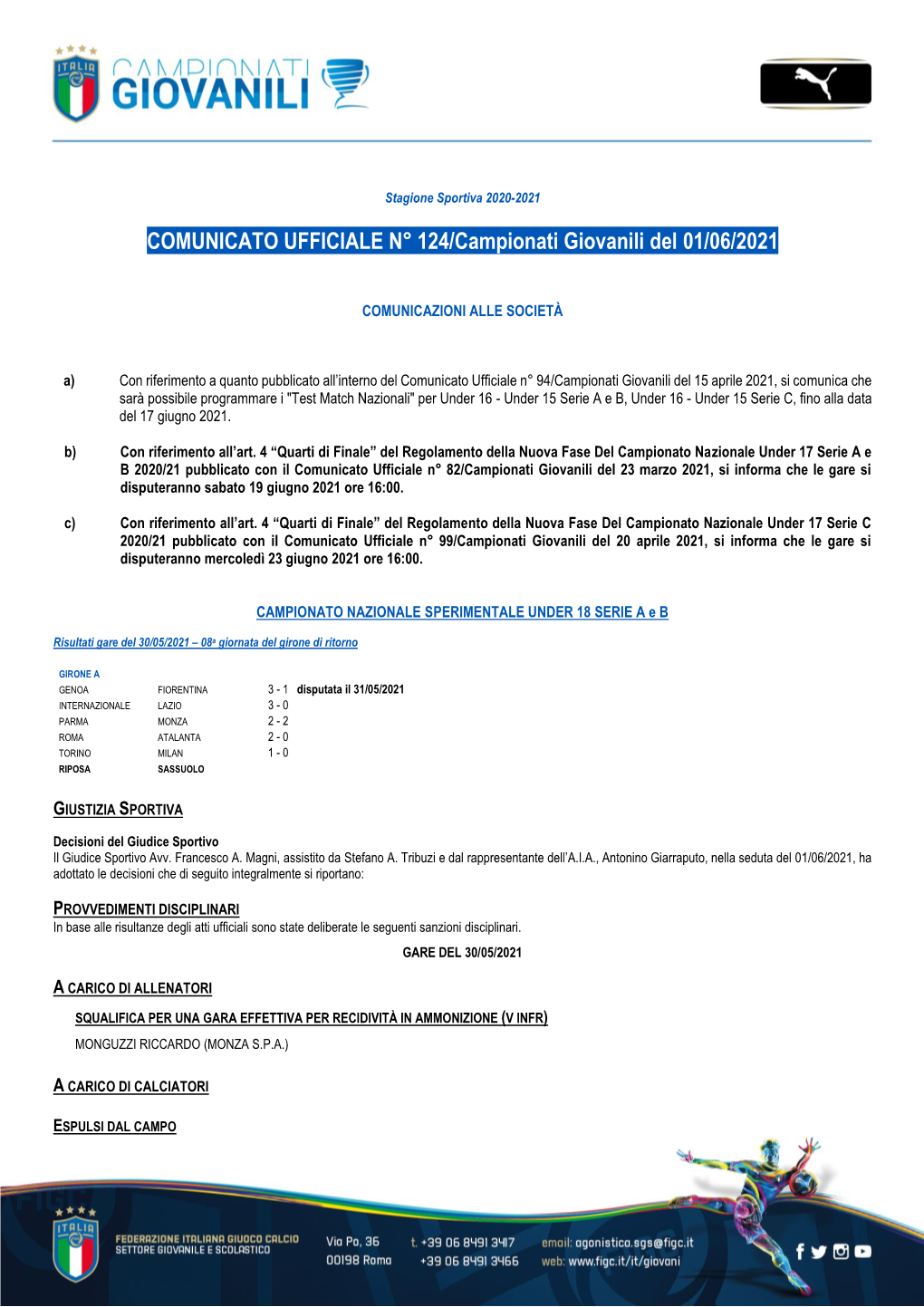 COMUNICATO UFFICIALE N° 124/Campionati Giovanili Del 01/06/2021