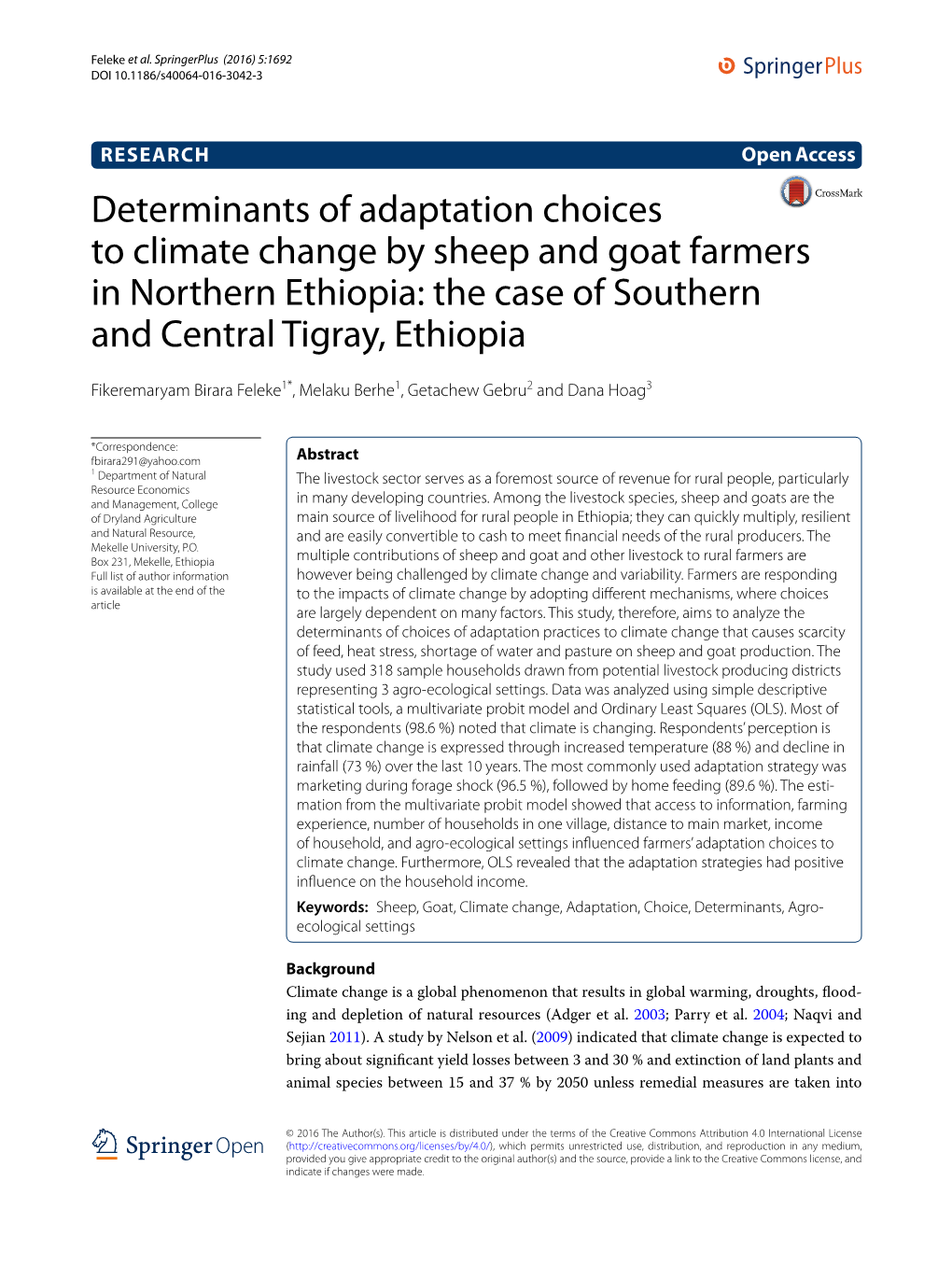 Determinants of Adaptation Choices to Climate Change by Sheep and Goat Farmers in Northern Ethiopia: the Case of Southern and Central Tigray, Ethiopia