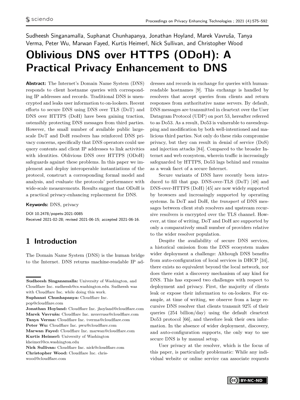 Oblivious DNS Over HTTPS (Odoh): a Practical Privacy Enhancement to DNS