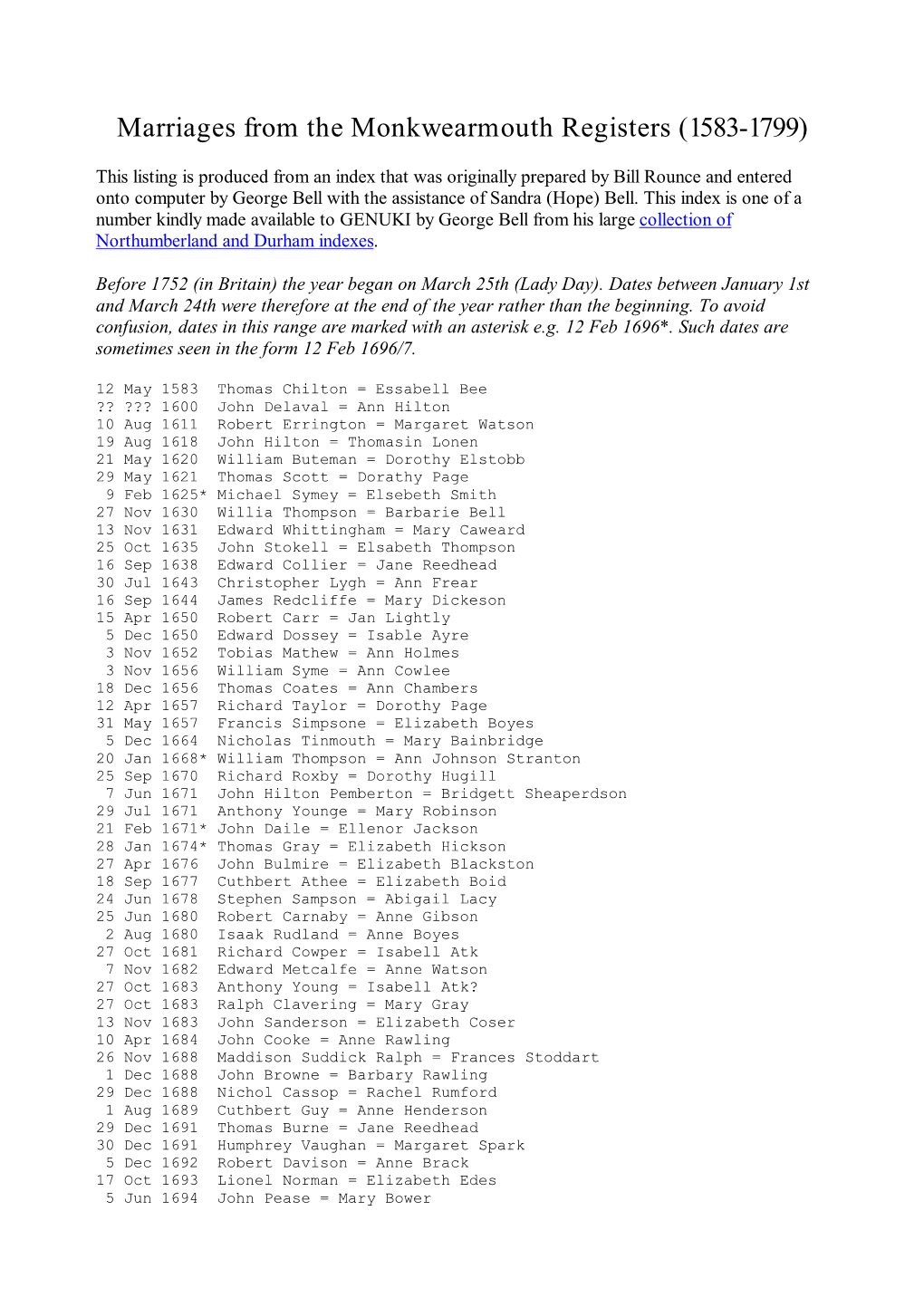 Marriages from the Monkwearmouth Registers (1583-1799)