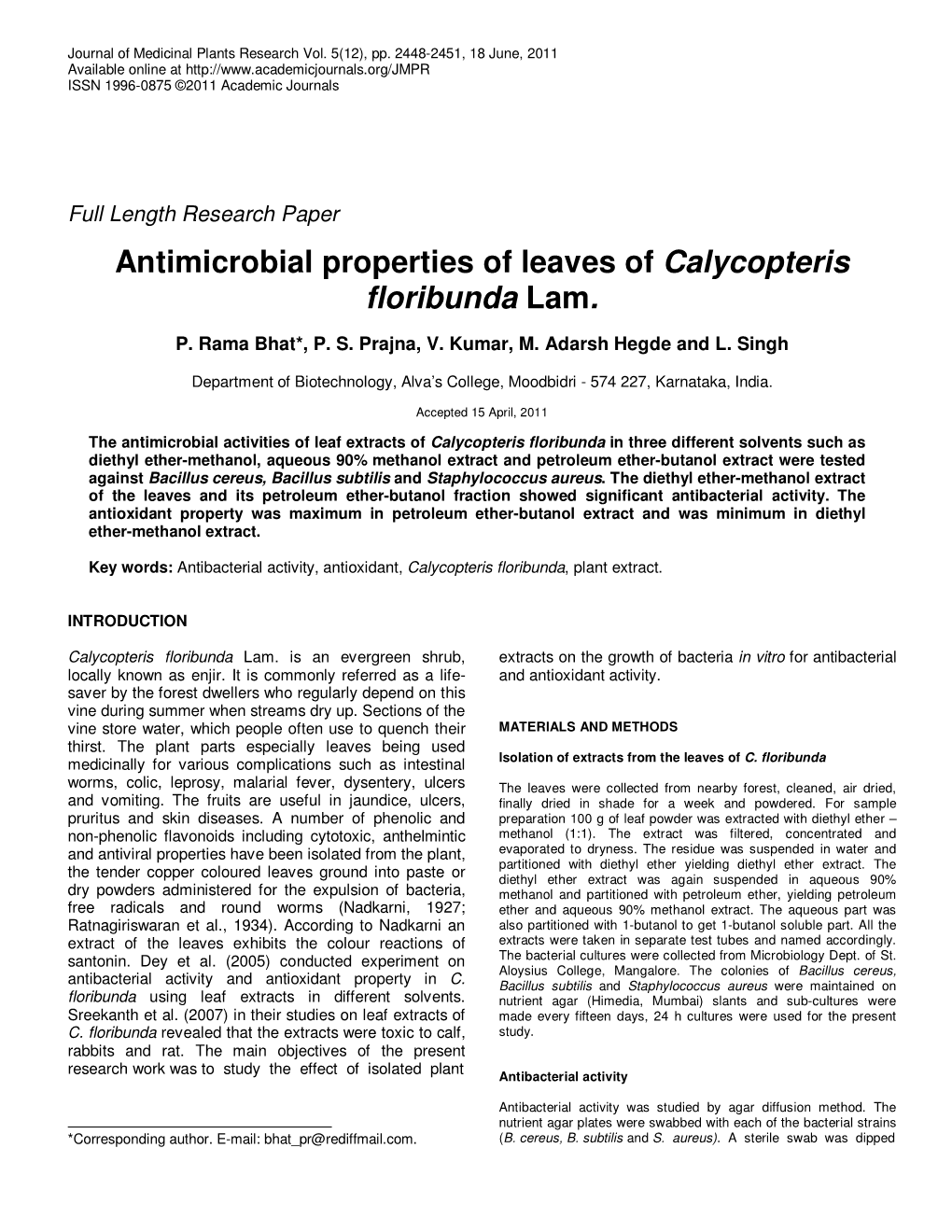 Antimicrobial Properties of Leaves of Calycopteris Floribunda Lam