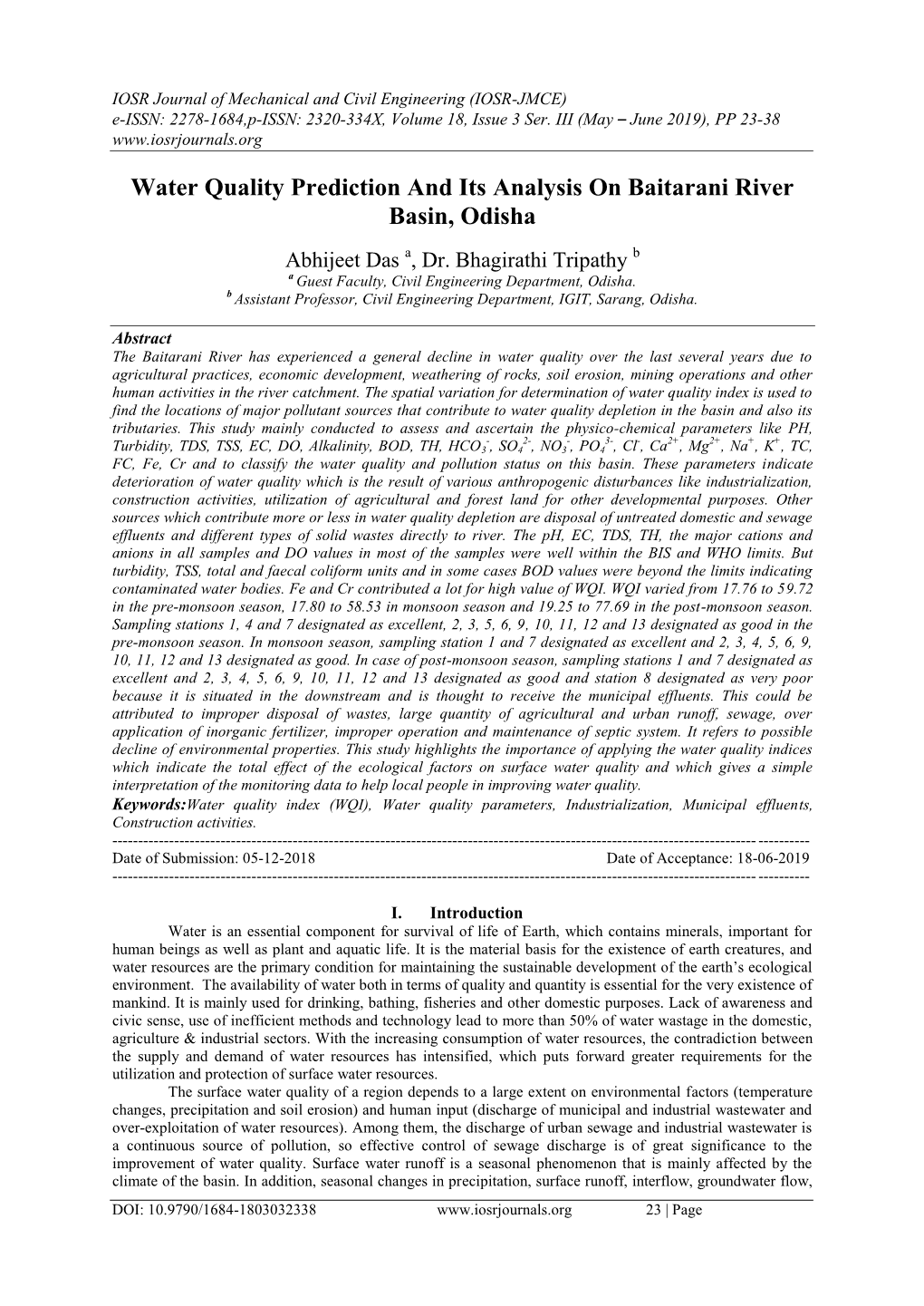 Water Quality Prediction and Its Analysis on Baitarani River Basin, Odisha