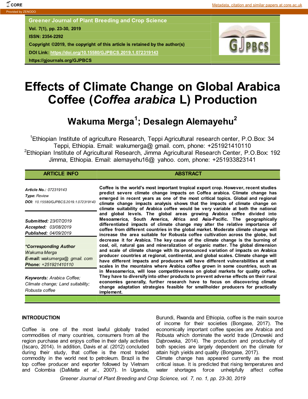 Effects of Climate Change on Global Arabica Coffee (Coffea Arabica L) Production