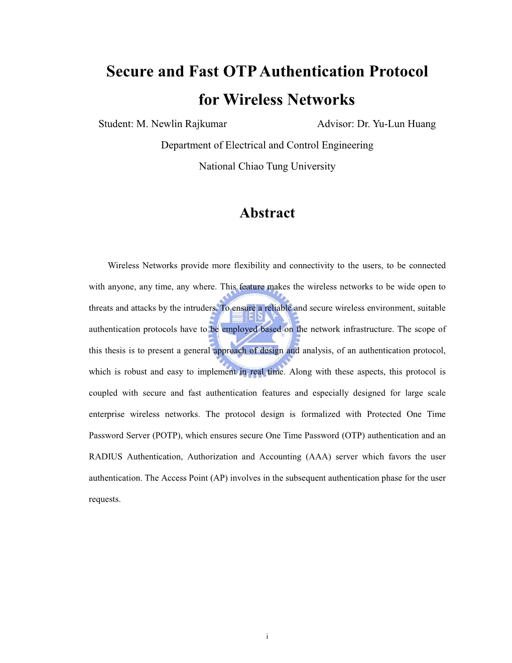 Secure and Fast OTP Authentication Protocol for Wireless Networks Student: M