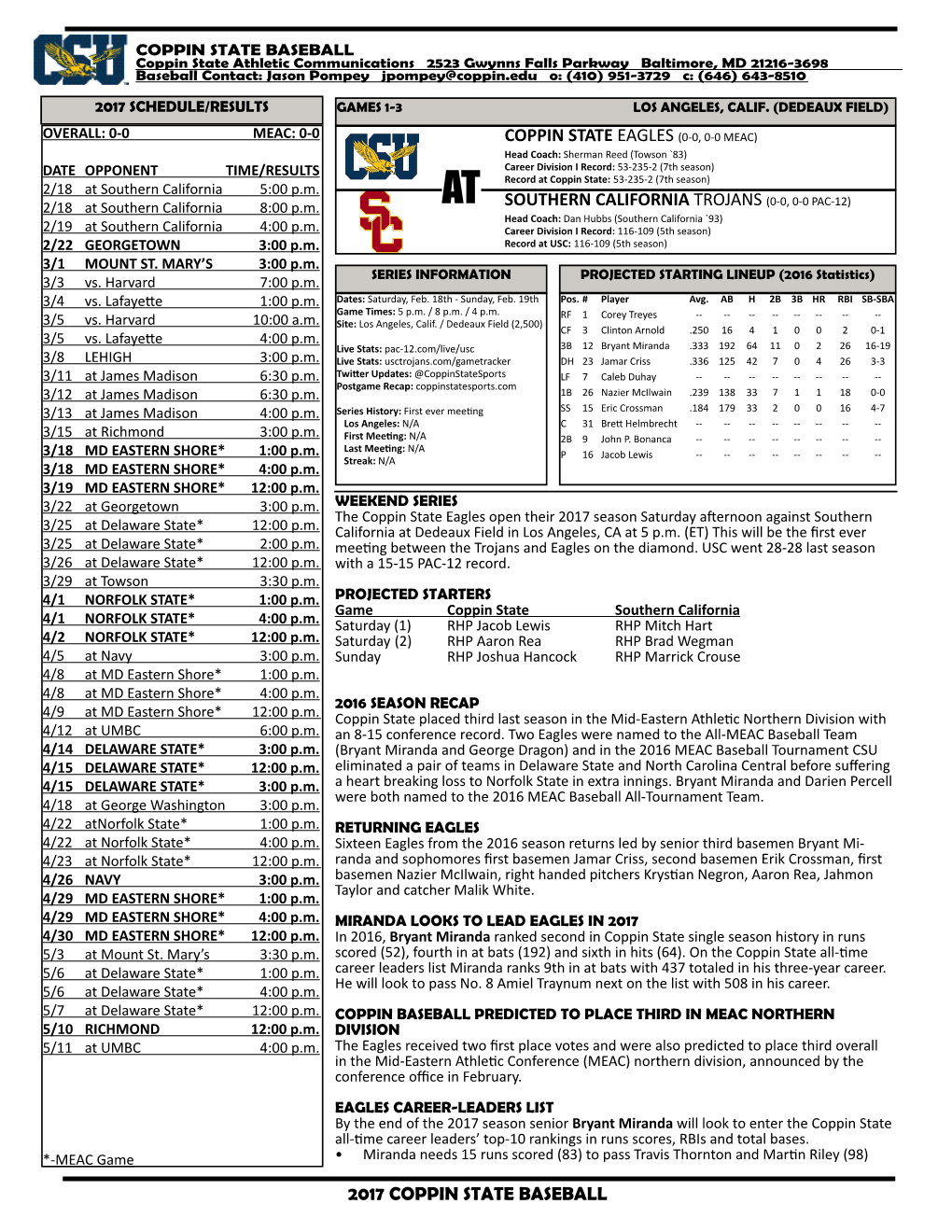 2017 Coppin State Baseball Southern California Trojans