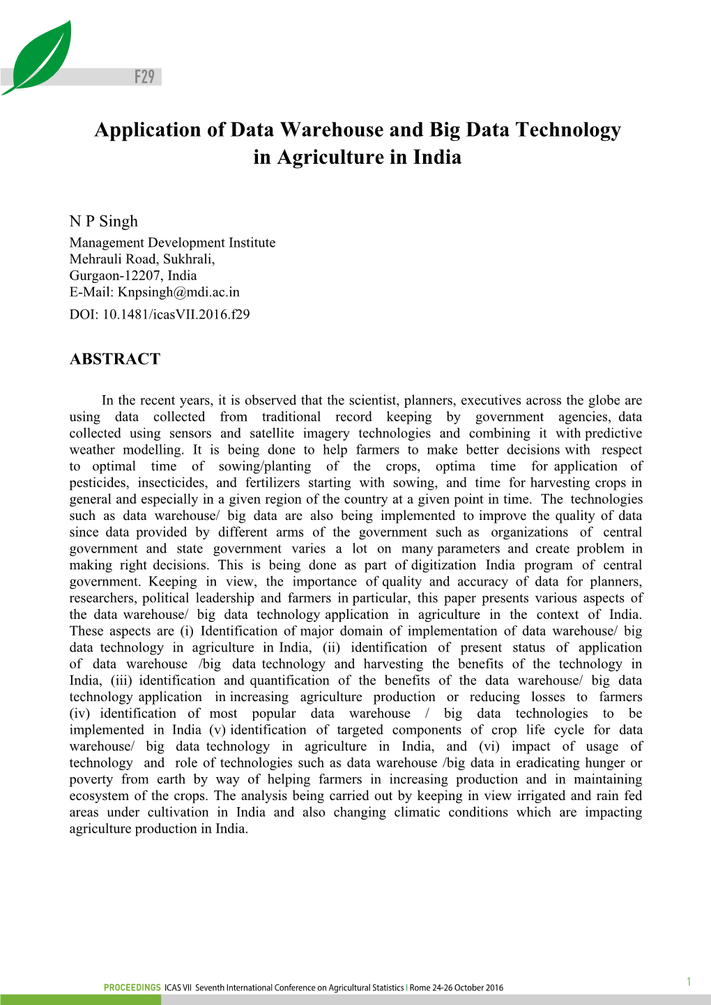 Application of Data Warehouse and Big Data Technology in Agriculture in India